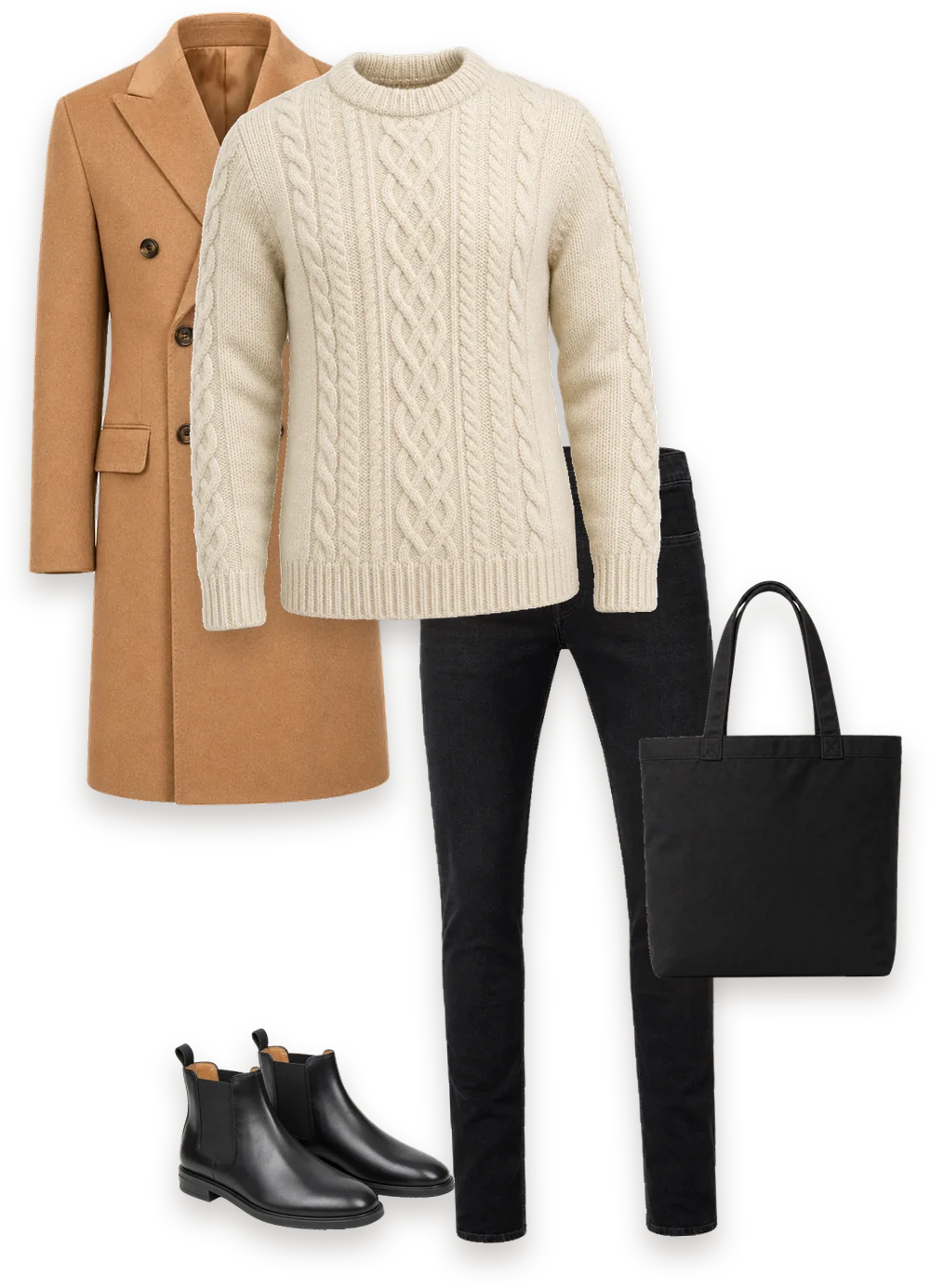 A look from the sample closet: camel overcoat, cream cable knit, black jeans, black Chelsea boots and a black canvas tote