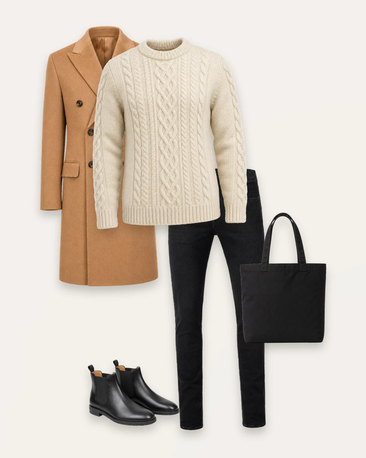 A rainy-day look from the sample closet, laid out flat