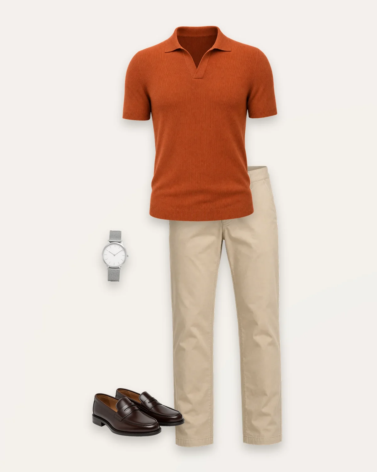 A warm-day look from the sample closet: rust knit polo, beige chinos, brown loafers and a silver watch