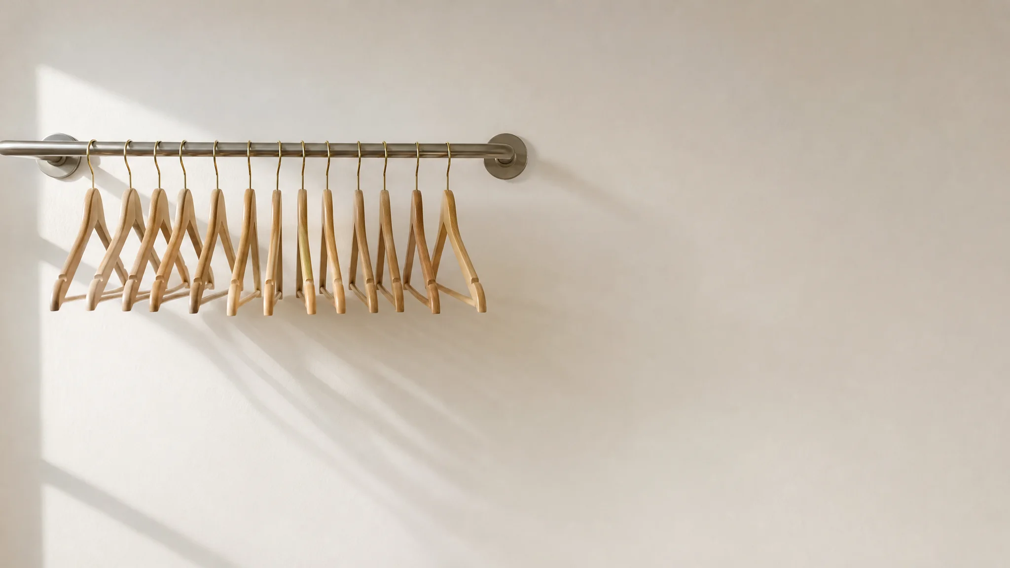 Empty wooden hangers on a rail, waiting for pieces to come back